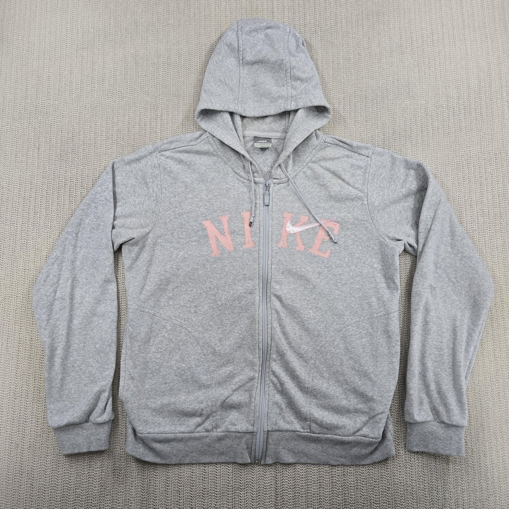 NIKE Sportswear Hoodie Girls 12-14 Gray Logo Full Zip Fleece Lined Sweatshirt